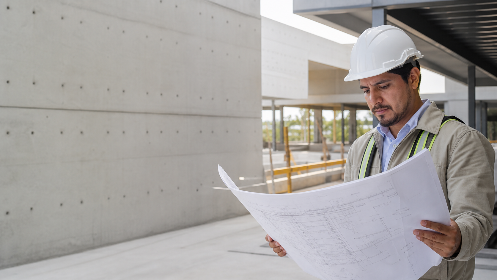 Profesional de ingeniería revisando planos en una obra